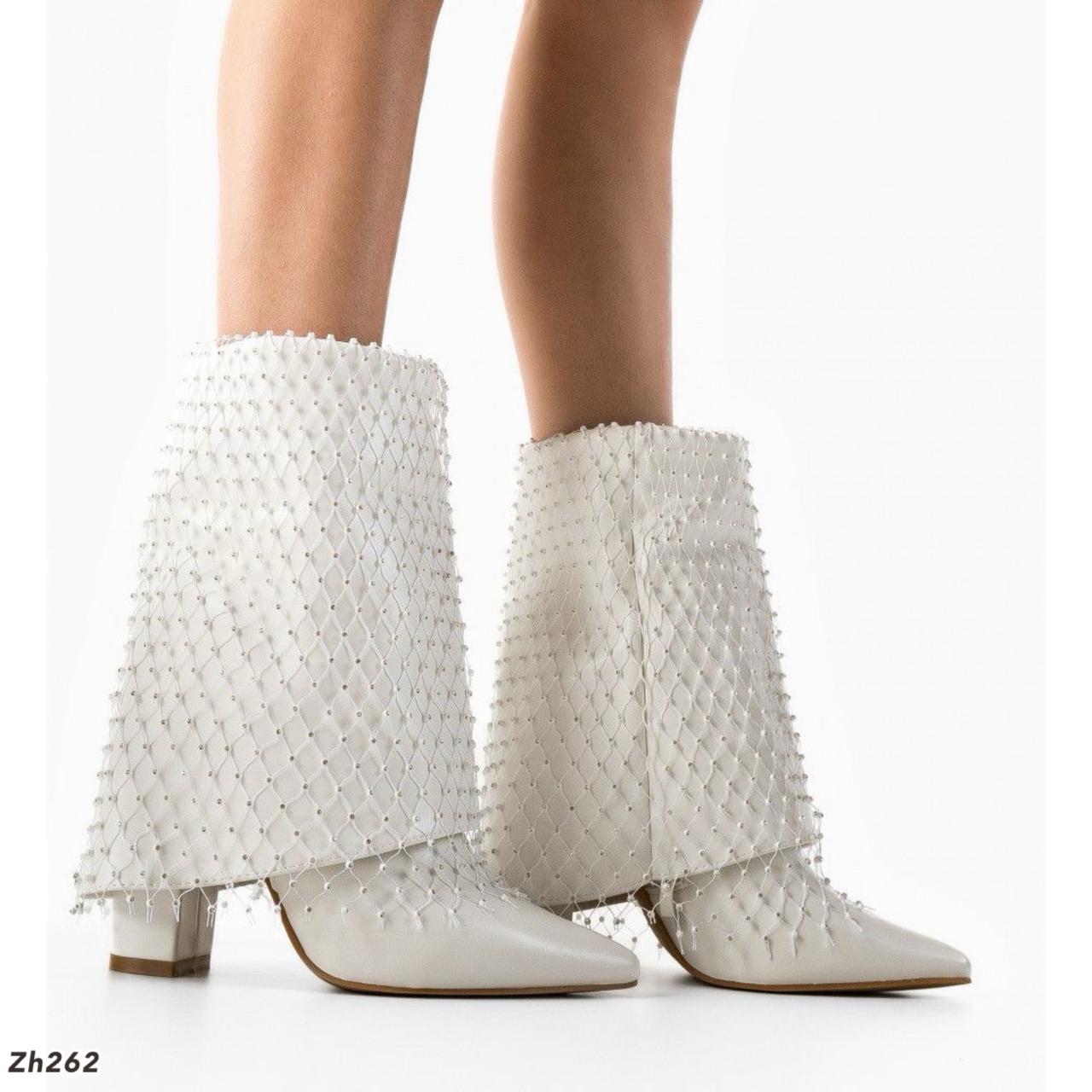 Botin beige doblez malla apliques brillante tacon 9cm 255-022
